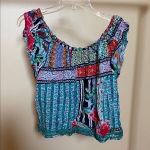 Boho Floral Peasant Top - Turquoise Multicolor